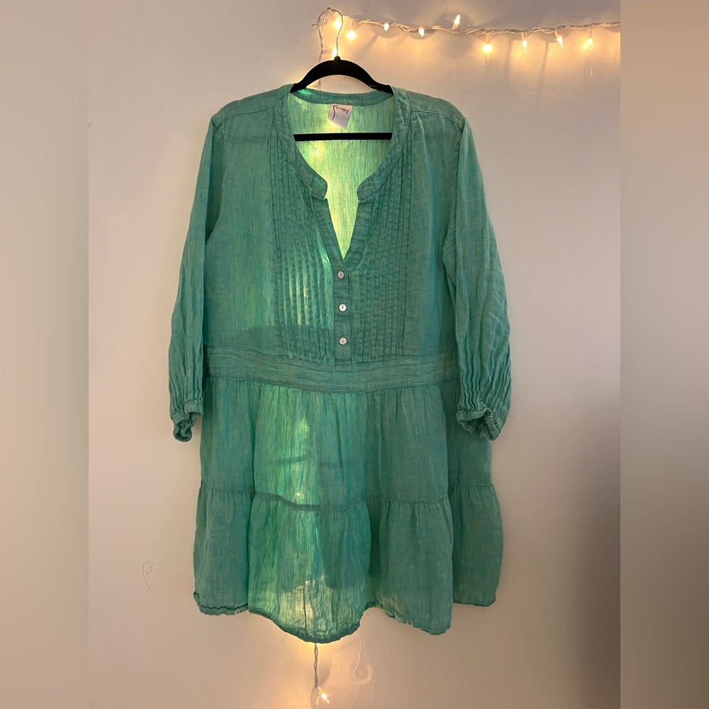 Finley green vneck linen long sleeve dress